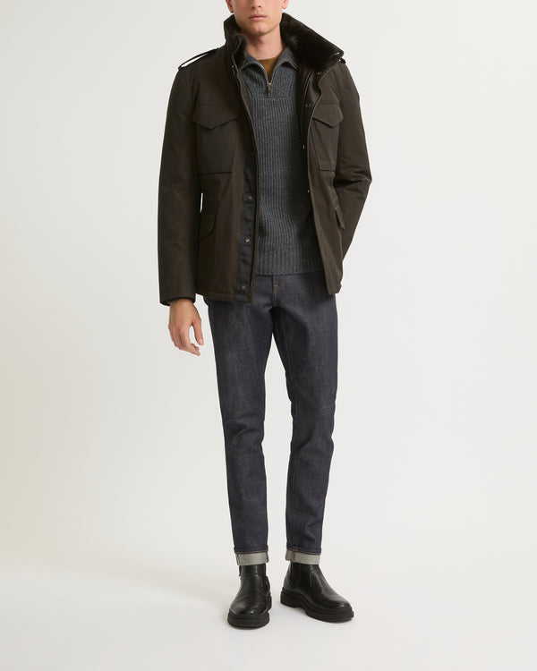 Veste style saharienne en gabardine technique imperméable avec col en fourrure de vison
