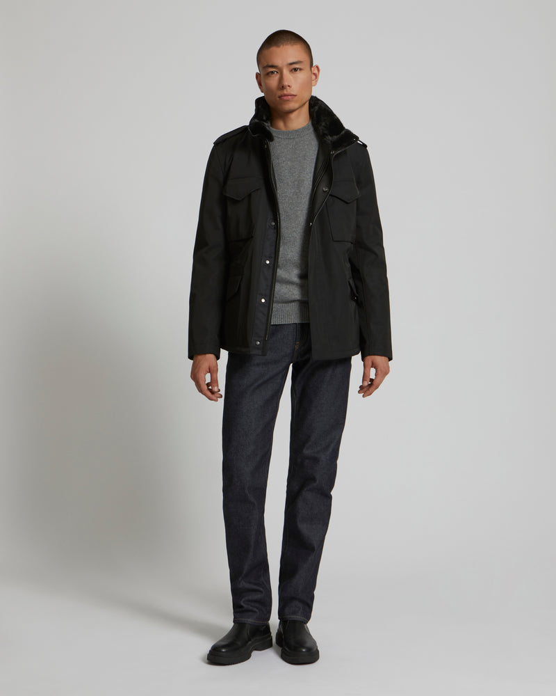 Field jacket en gabardine technique avec col en vison