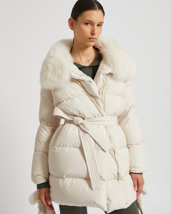 Belted down jacket in waterproof technical fabric with fox and rabbit fur