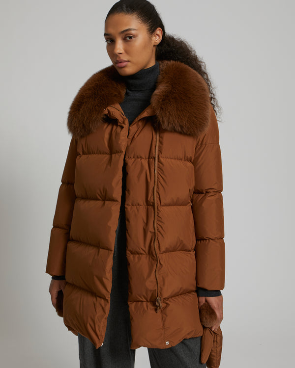 Belted down jacket in waterproof technical fabric with fox and rabbit fur