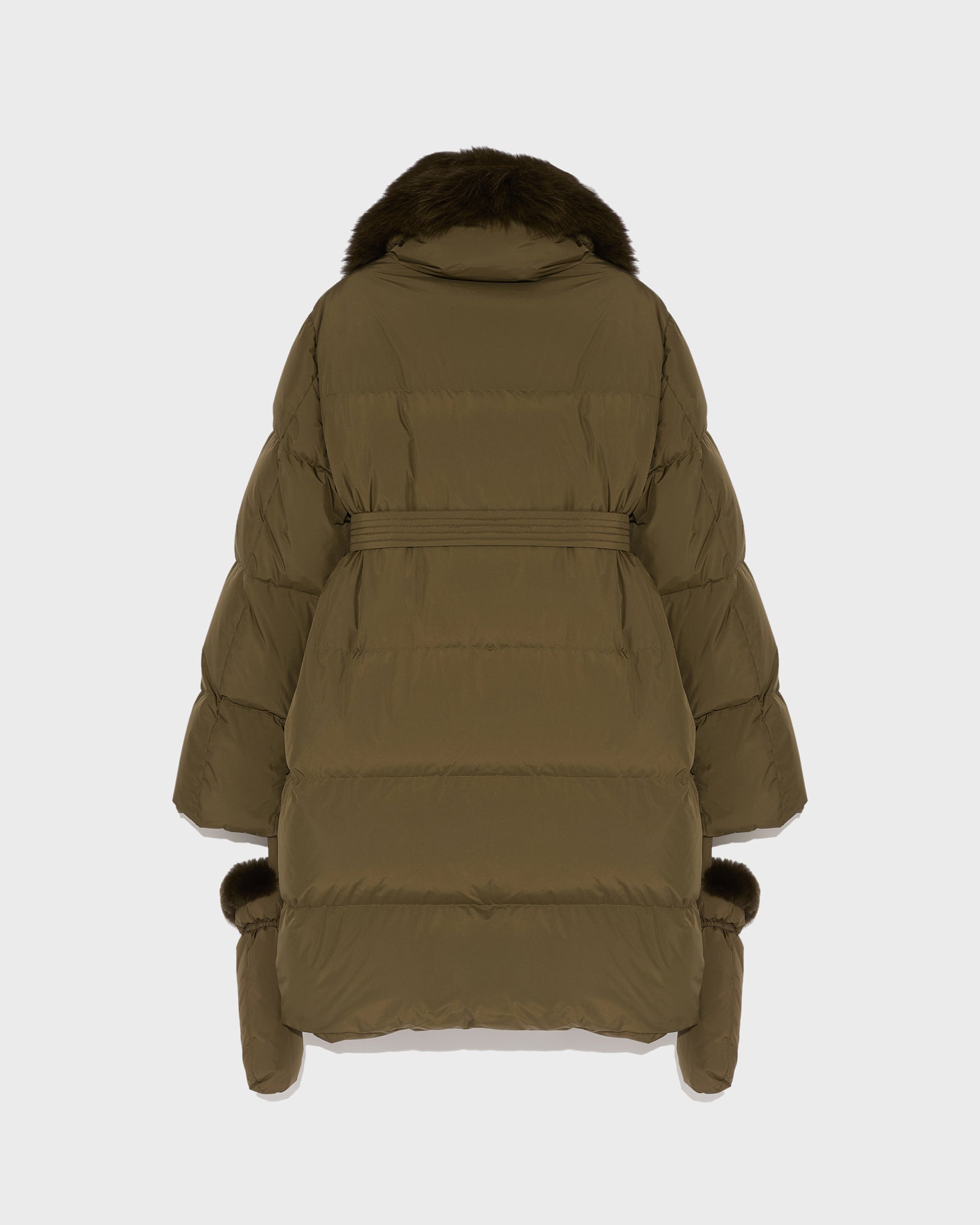 Belted down jacket with fox and rabbit - Khaki - Yves Salomon