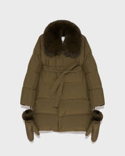 Doudoune ceinturée en tissu technique imperméable avec fourrure de renard et lapin