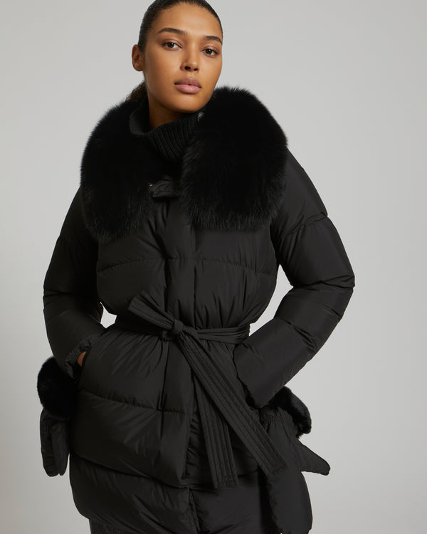 Belted down jacket in waterproof technical fabric with fox and rabbit fur