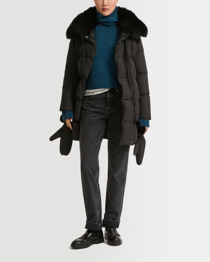 Doudoune ceinturée en tissu technique imperméable avec fourrure de renard et lapin