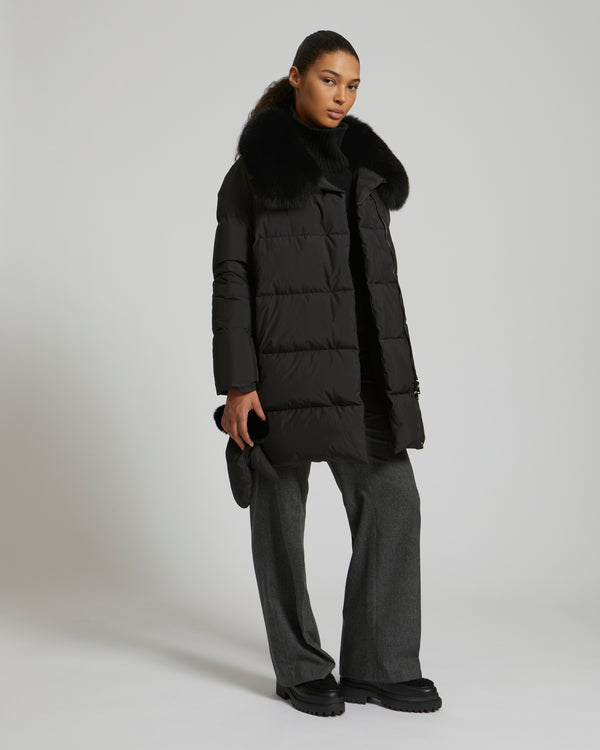 Belted down jacket in waterproof technical fabric with fox and rabbit fur