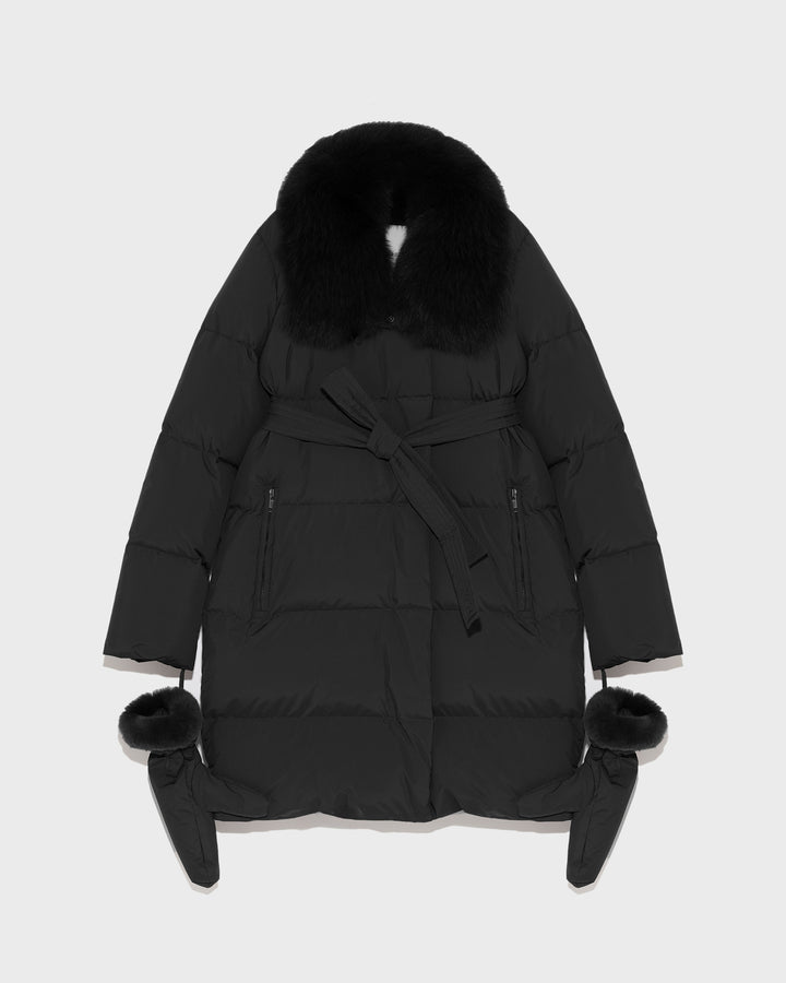 Black Friday - Yves Salomon - Doudoune ceinturée en tissu technique imperméable avec fourrure de renard et lapin - noir - vue face