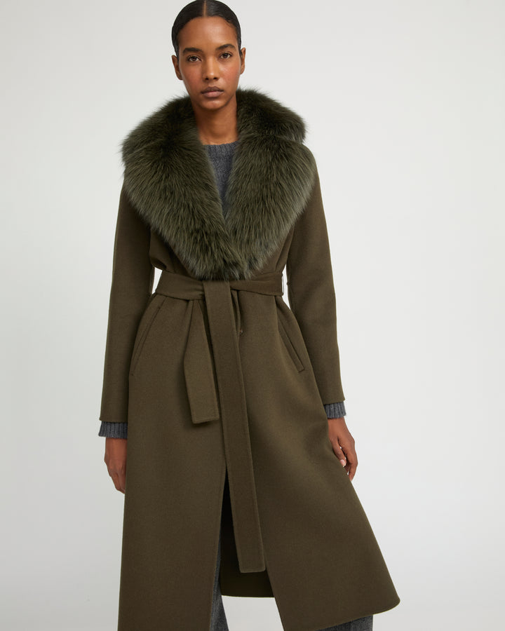 Belted coat in cashmere wool with fox fur collar and lapel