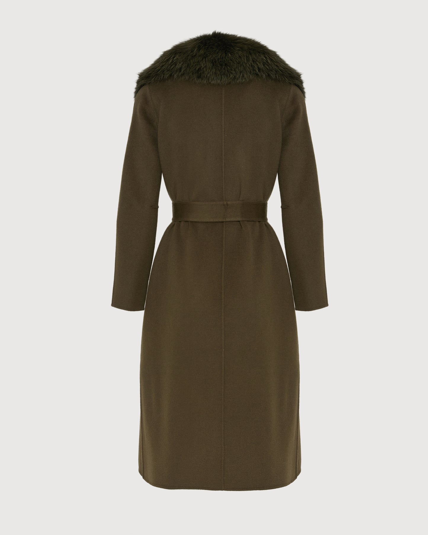 Belted coat in cashmere wool with fox fur collar and lapel