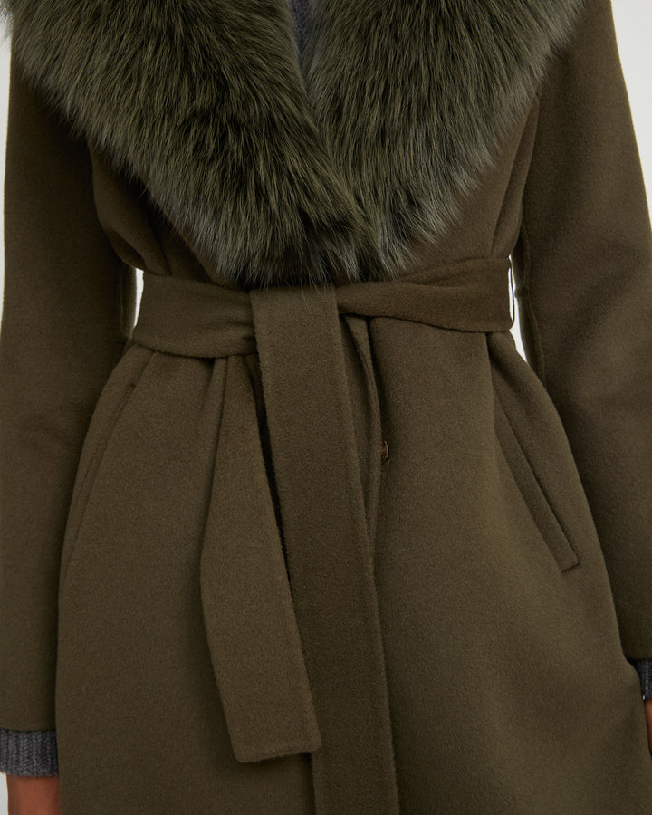 Belted coat in cashmere wool with fox fur collar and lapel