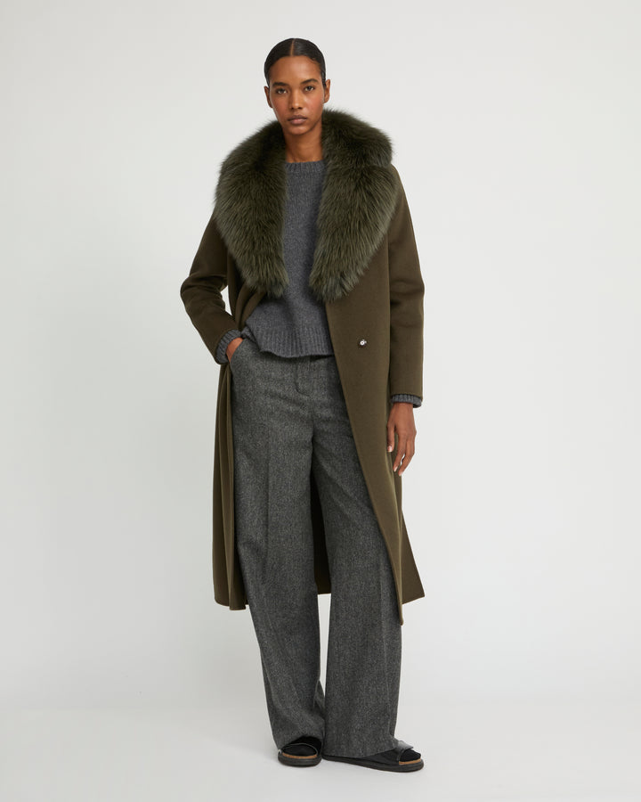 Belted coat in cashmere wool with fox fur collar and lapel