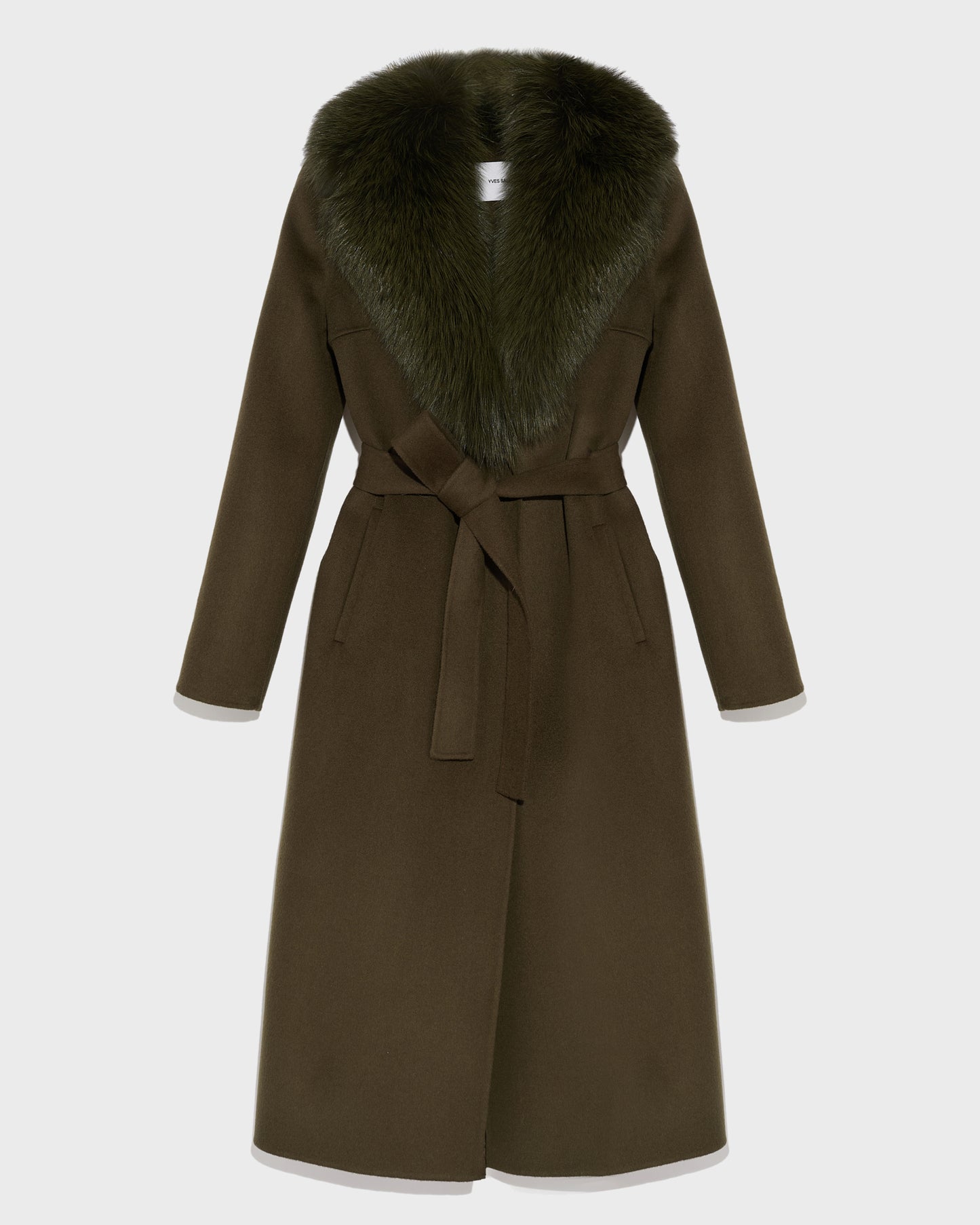 manteau-ceinture-en-lainage-cachemire-avec-col-en-renard-kaki-23wym04619carda2108 -Yves Salomon