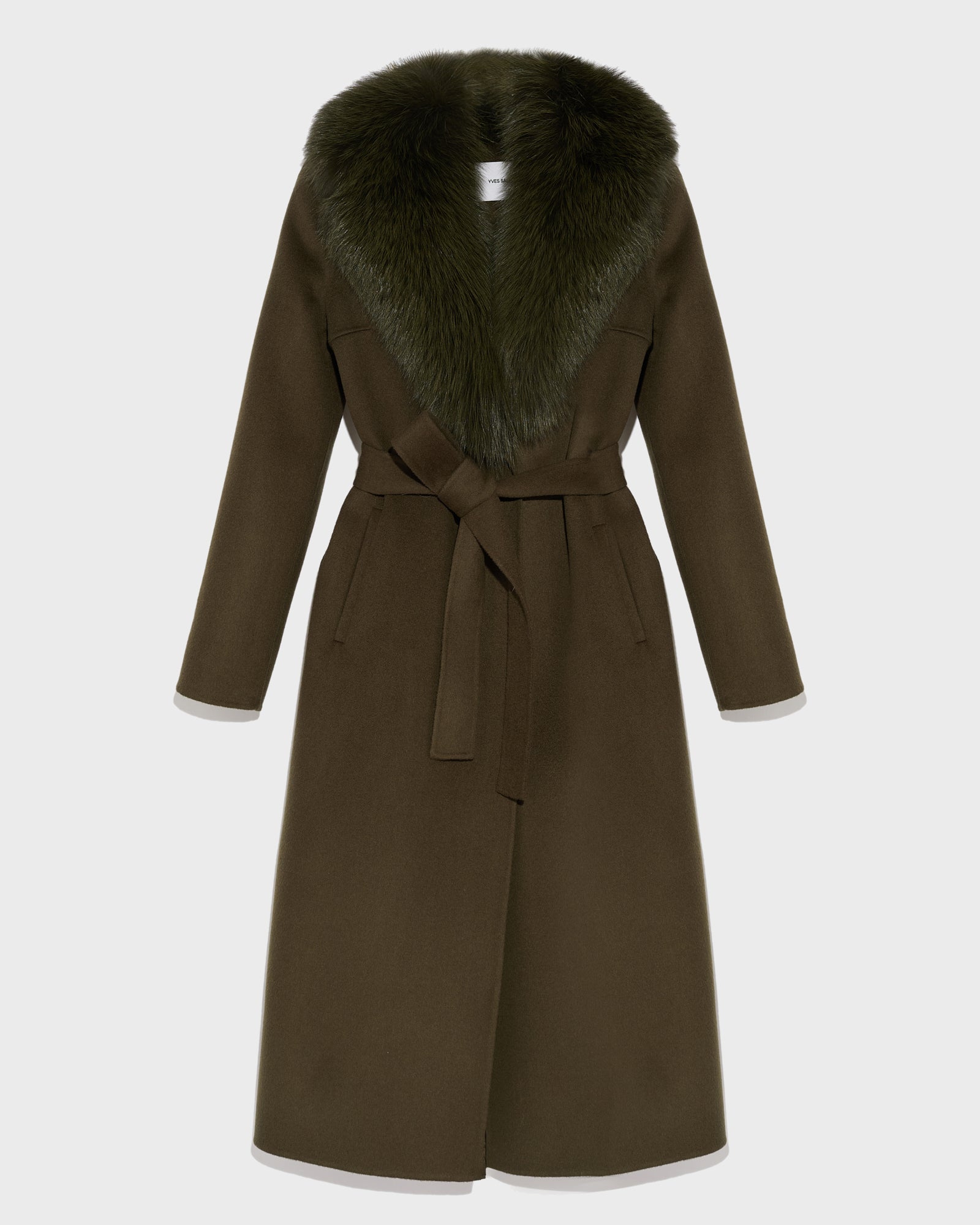 manteau-ceinture-en-lainage-cachemire-avec-col-en-renard-kaki-23wym04619carda2108 -Yves Salomon