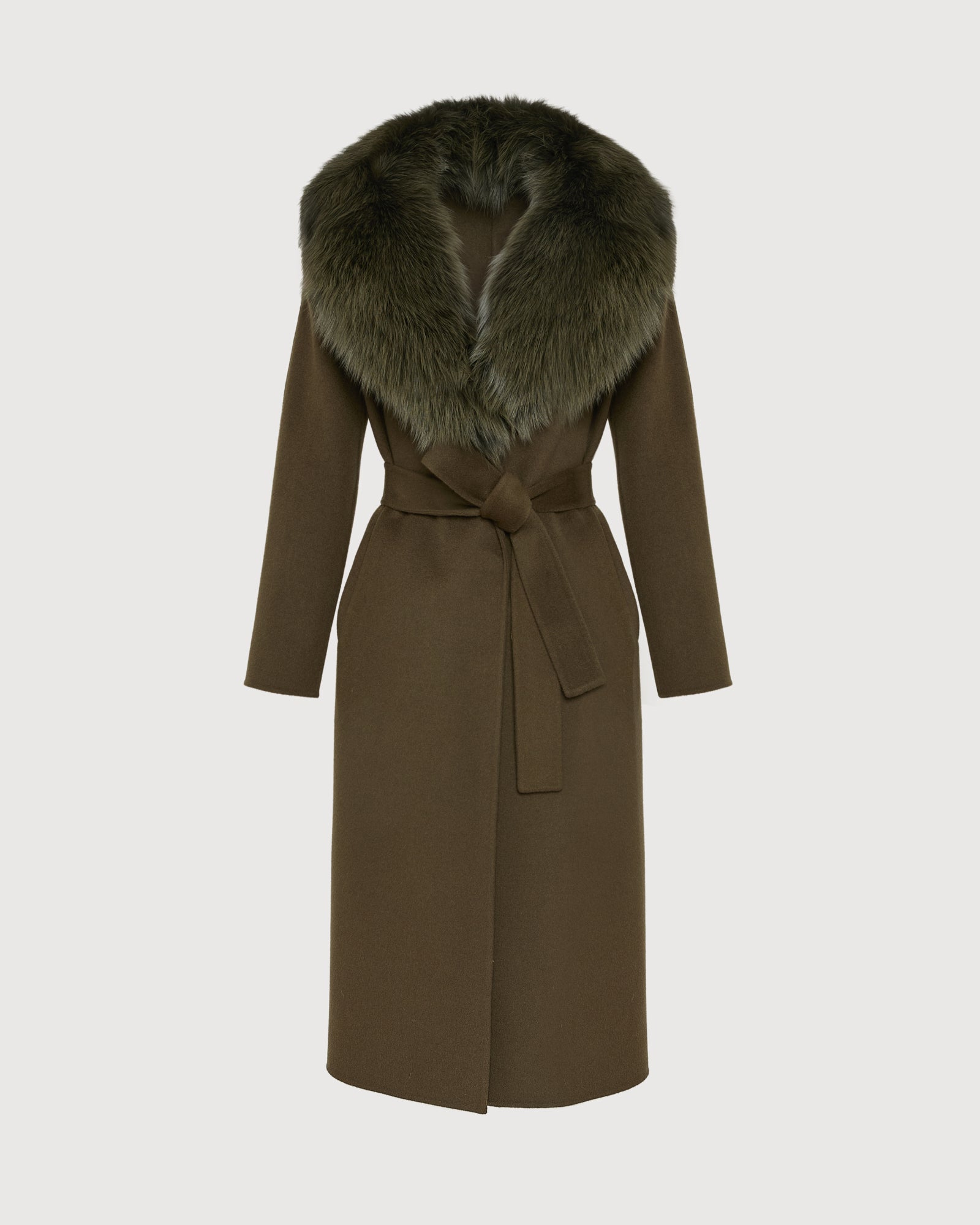 フォックスファーカラーとラペル付きカシミヤウール ベルト付きコート