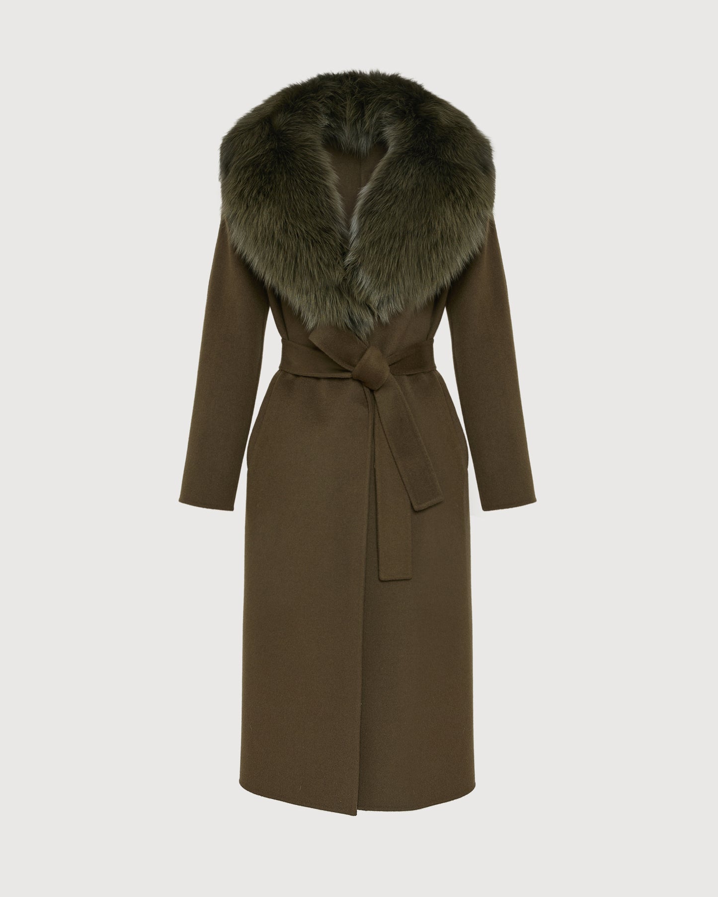 Belted coat in cashmere wool with fox fur collar and lapel