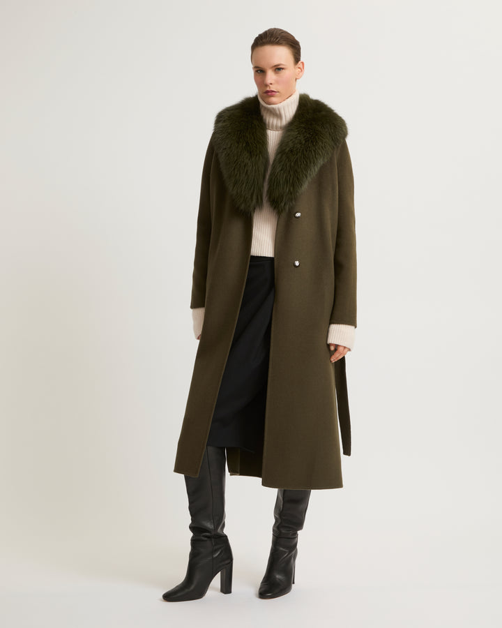 manteau-ceinture-en-lainage-cachemire-avec-col-en-renard-kaki-23wym04619carda2108 -Yves Salomon