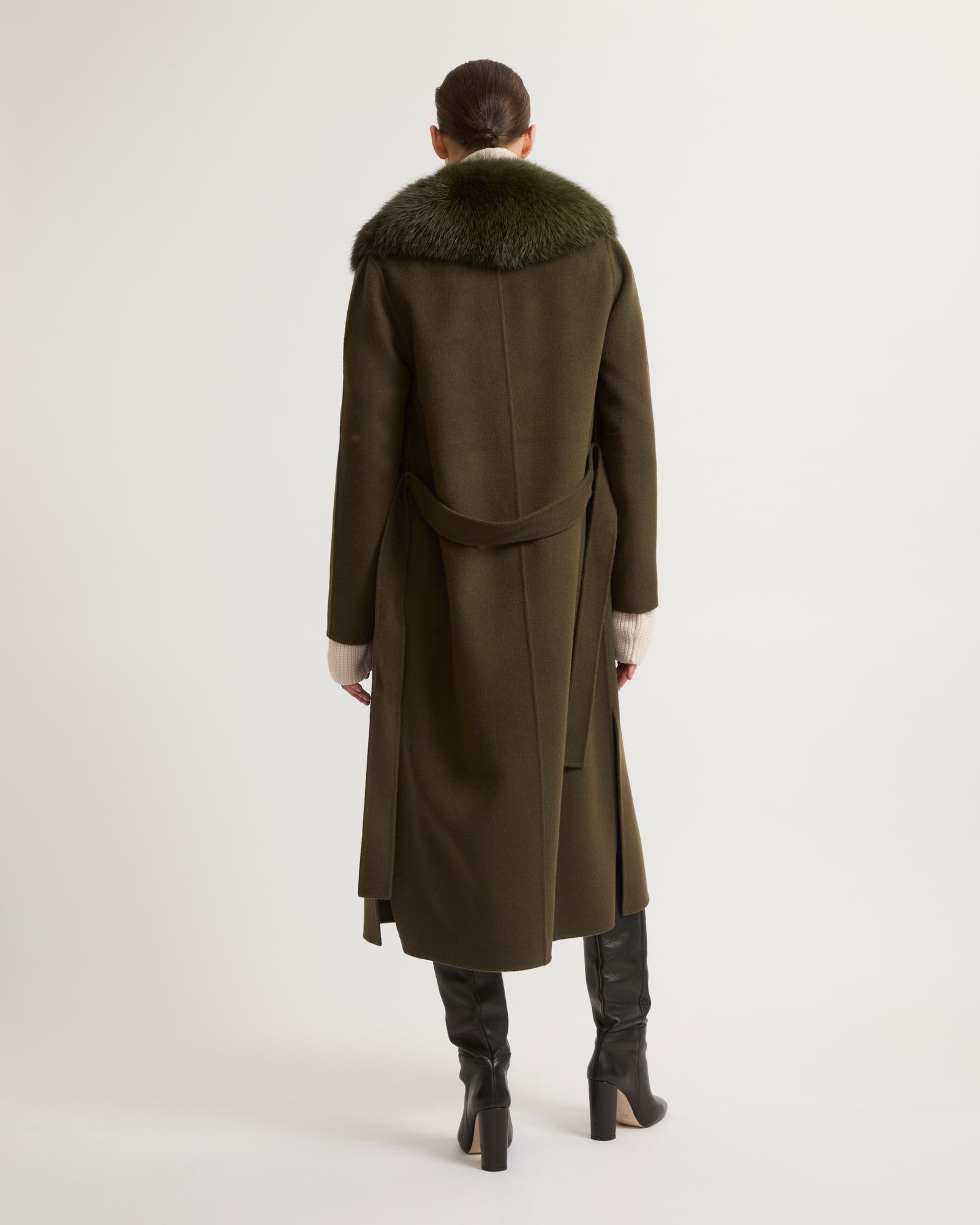 manteau-ceinture-en-lainage-cachemire-avec-col-en-renard-kaki-23wym04619carda2108 -Yves Salomon