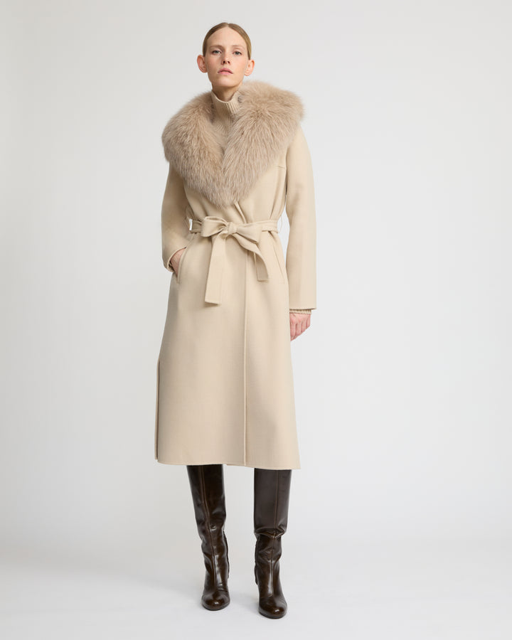 Belted coat in cashmere wool with fox fur collar and lapel