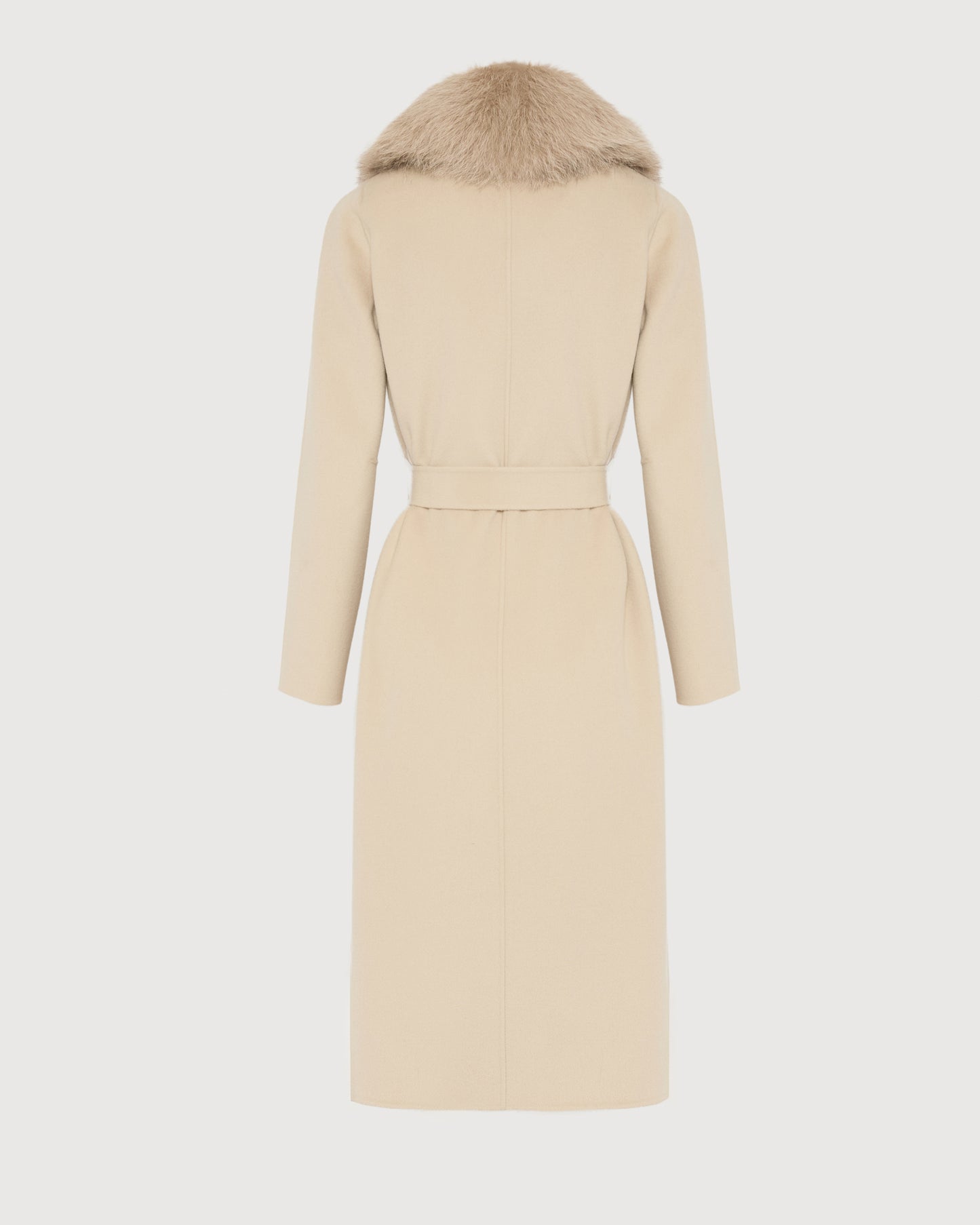 Belted coat in cashmere wool with fox fur collar and lapel