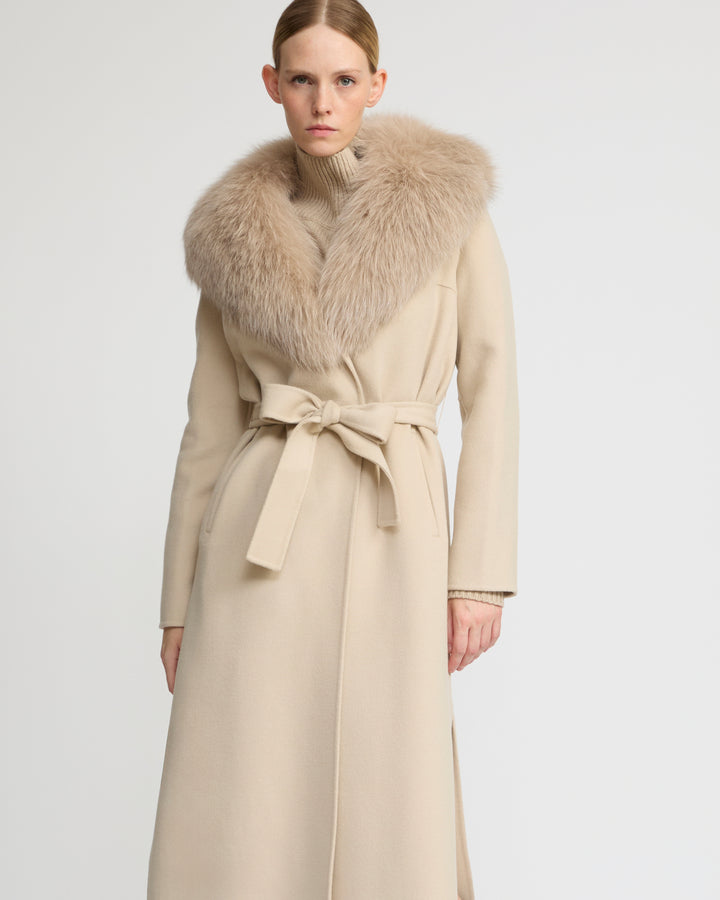 Belted coat in cashmere wool with fox fur collar and lapel