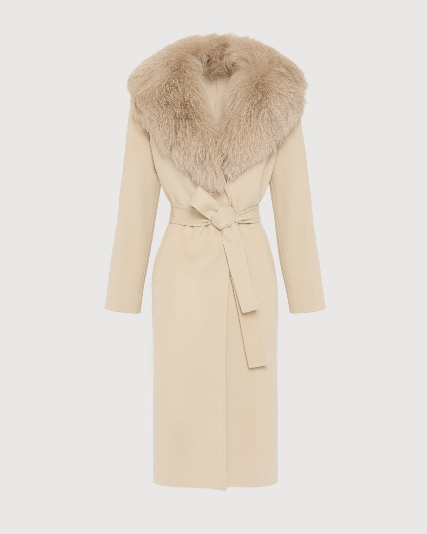 Belted coat in cashmere wool with fox fur collar and lapel