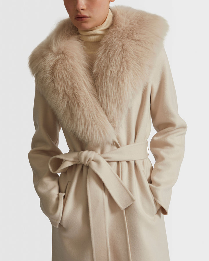 Belted coat in cashmere wool with fox fur collar and lapel