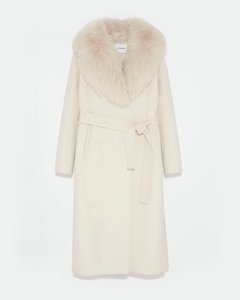 Belted coat in cashmere wool with fox fur collar and lapel