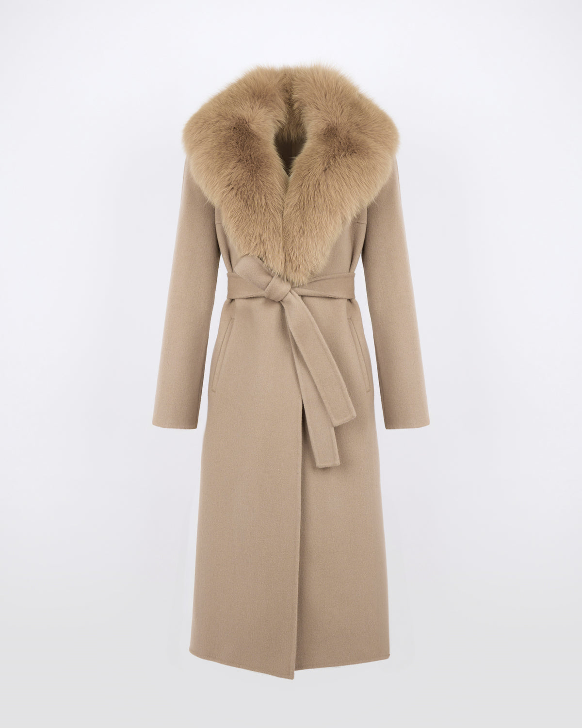 Manteau ceinturé en lainage cachemire avec col en fourrure de renard - Yves Salomon - Nouvelle collection Automne Hiver