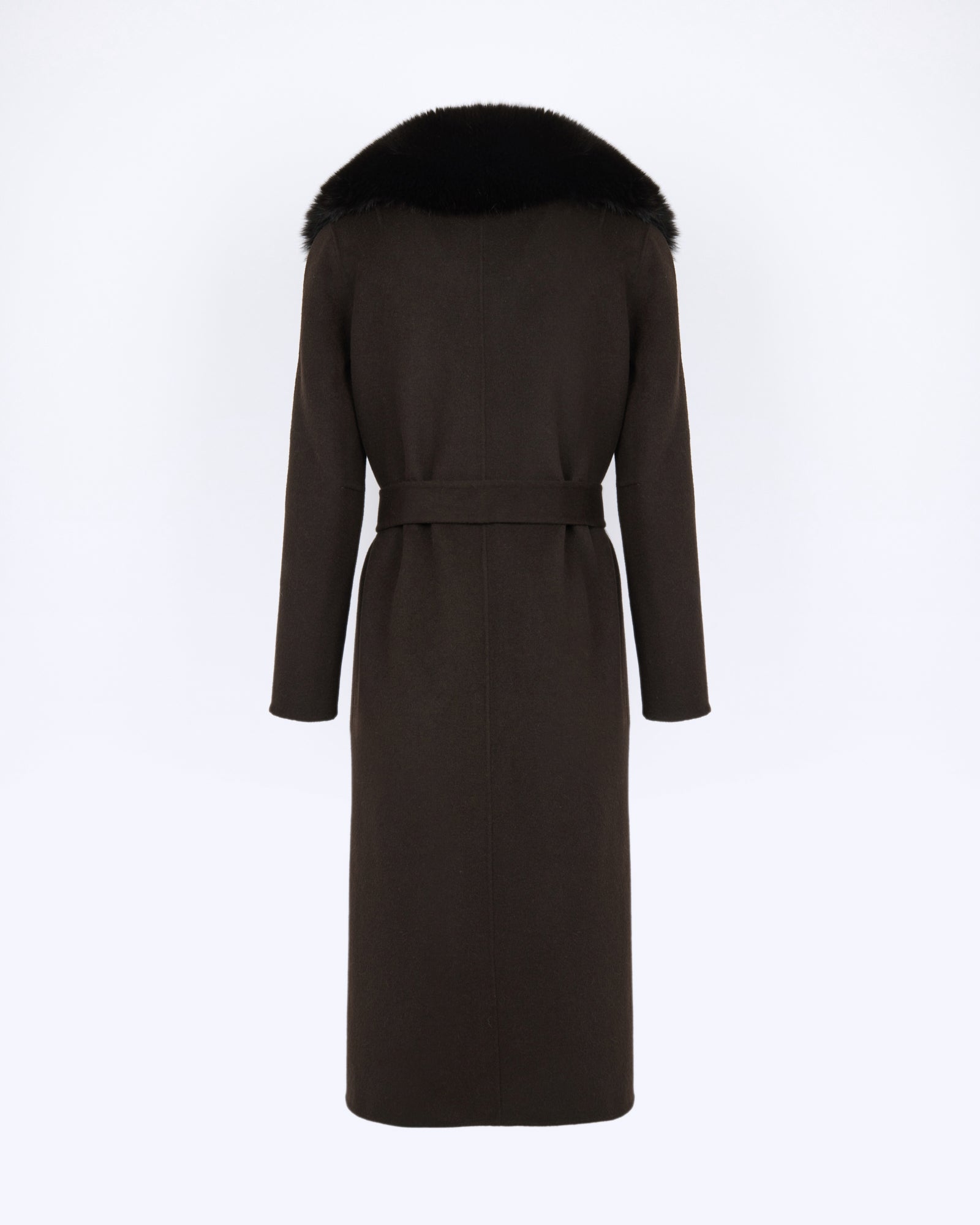 Manteau ceinturé en lainage cachemire avec col en fourrure de renard - Yves Salomon - Nouvelle collection Automne Hiver