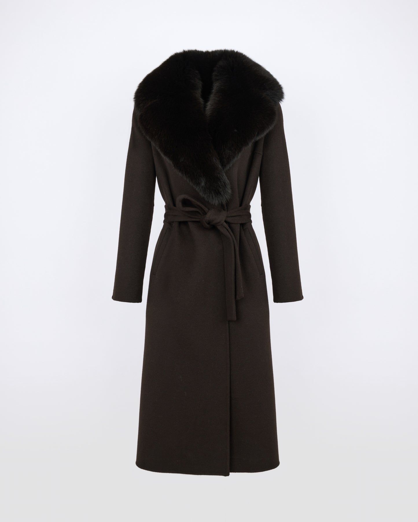Manteau ceinturé en lainage cachemire avec col en fourrure de renard - Yves Salomon - Nouvelle collection Automne Hiver