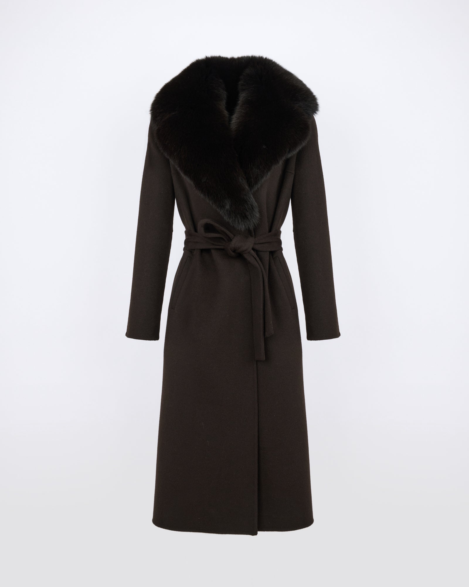 Manteau ceinturé en lainage cachemire avec col en fourrure de renard - Yves Salomon - Nouvelle collection Automne Hiver