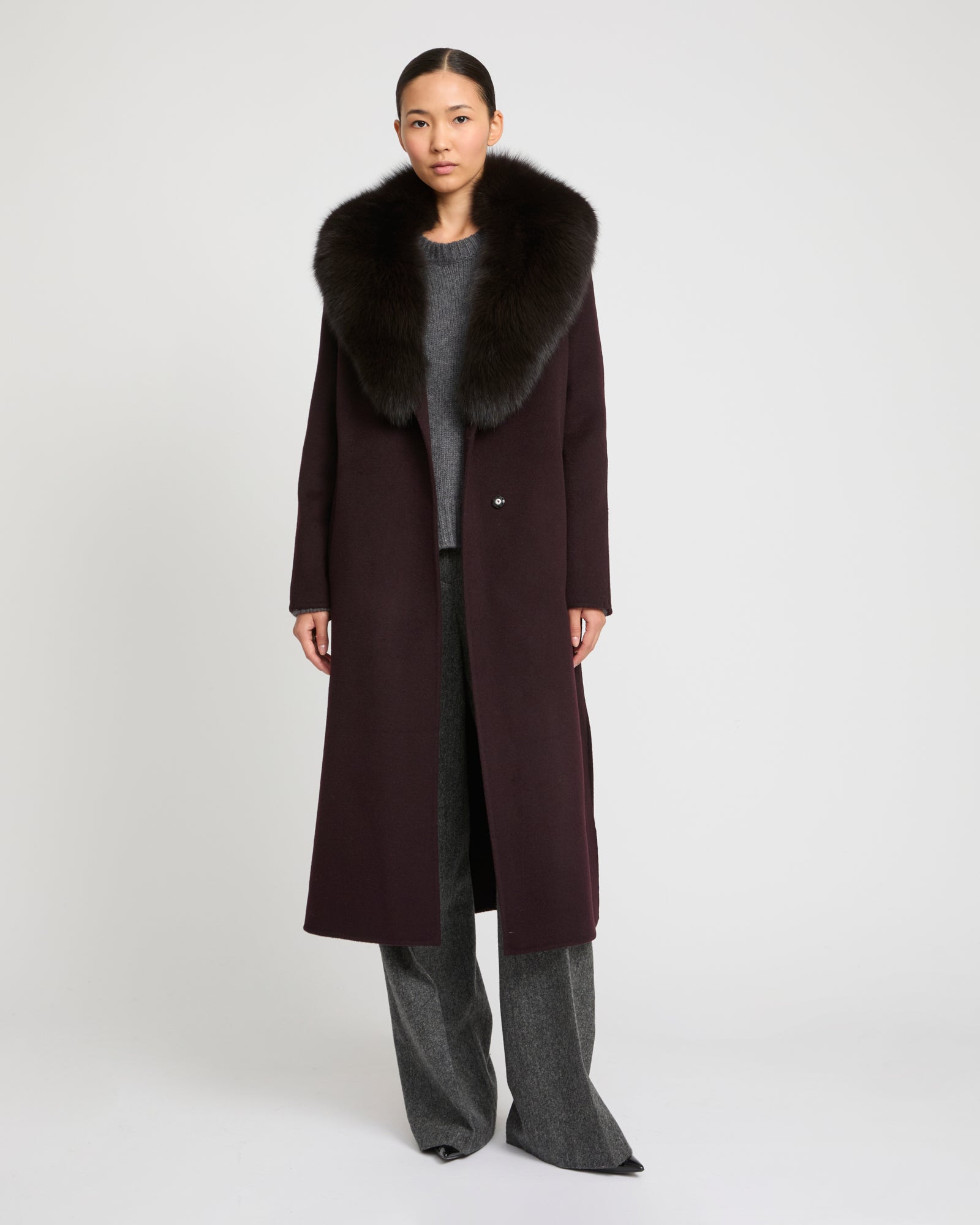 Belted coat in cashmere wool with fox fur collar and lapel – Yves