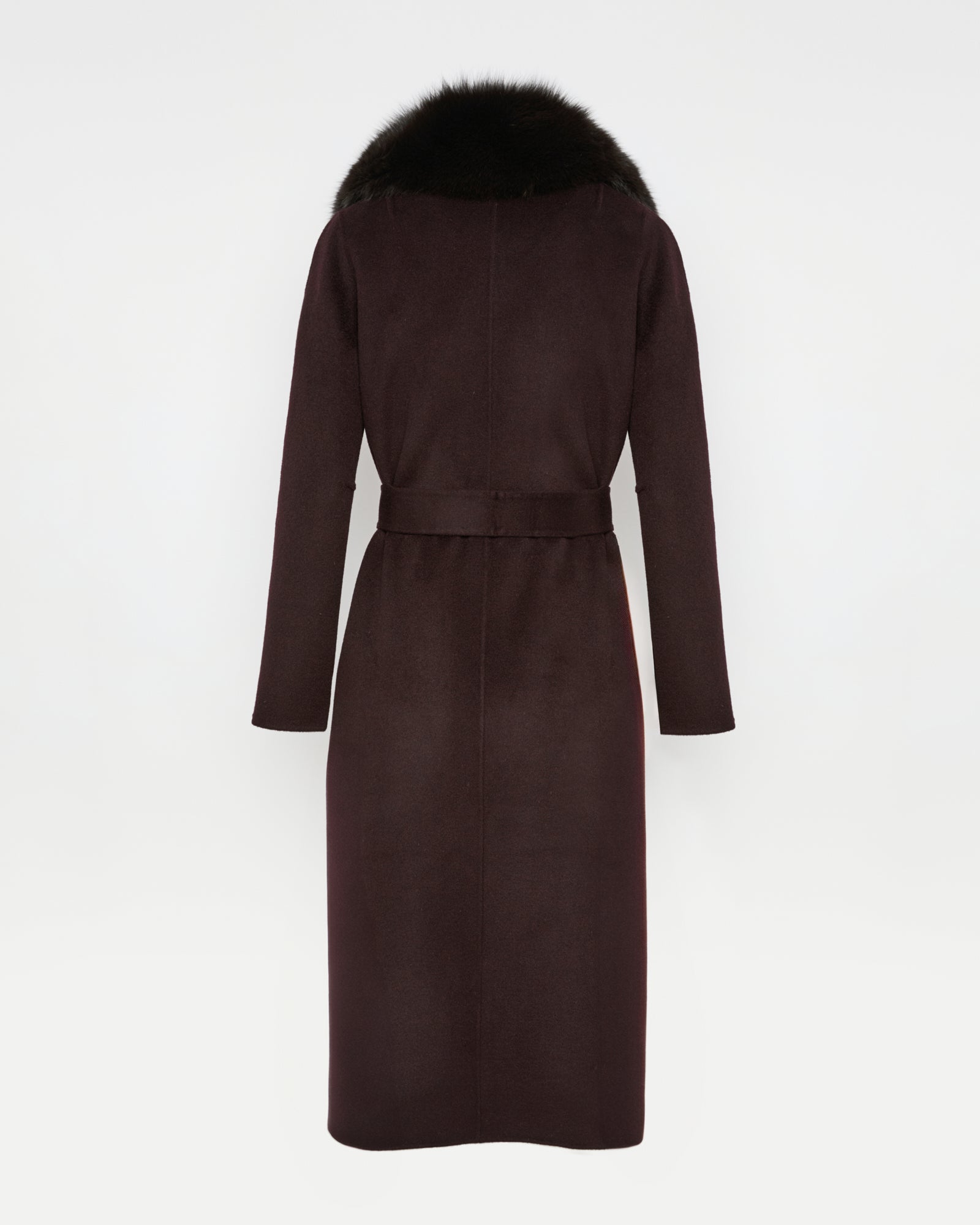 Belted coat in cashmere wool with fox fur collar and lapel – Yves