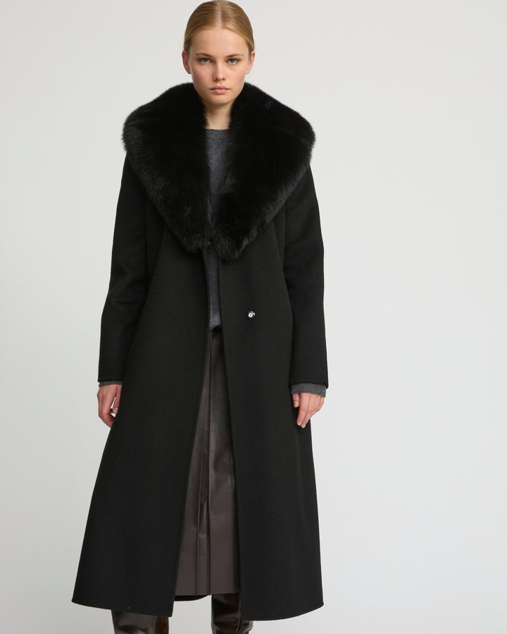 Belted coat in cashmere wool with fox fur collar and lapel