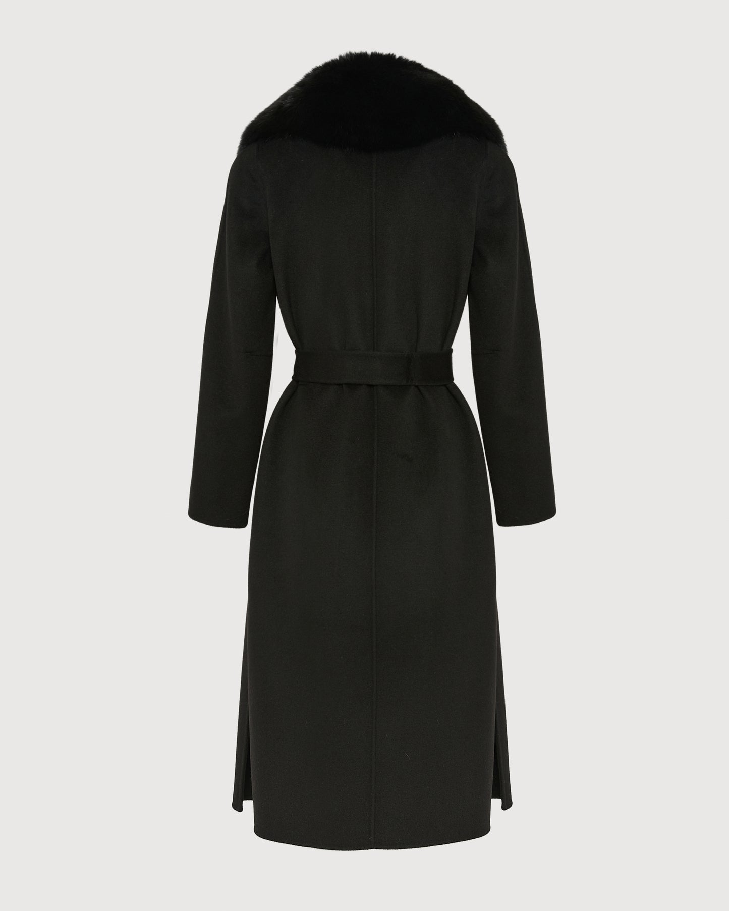 Manteau ceinturé en lainage cachemire avec col en fourrure de renard -Yves Salomon
