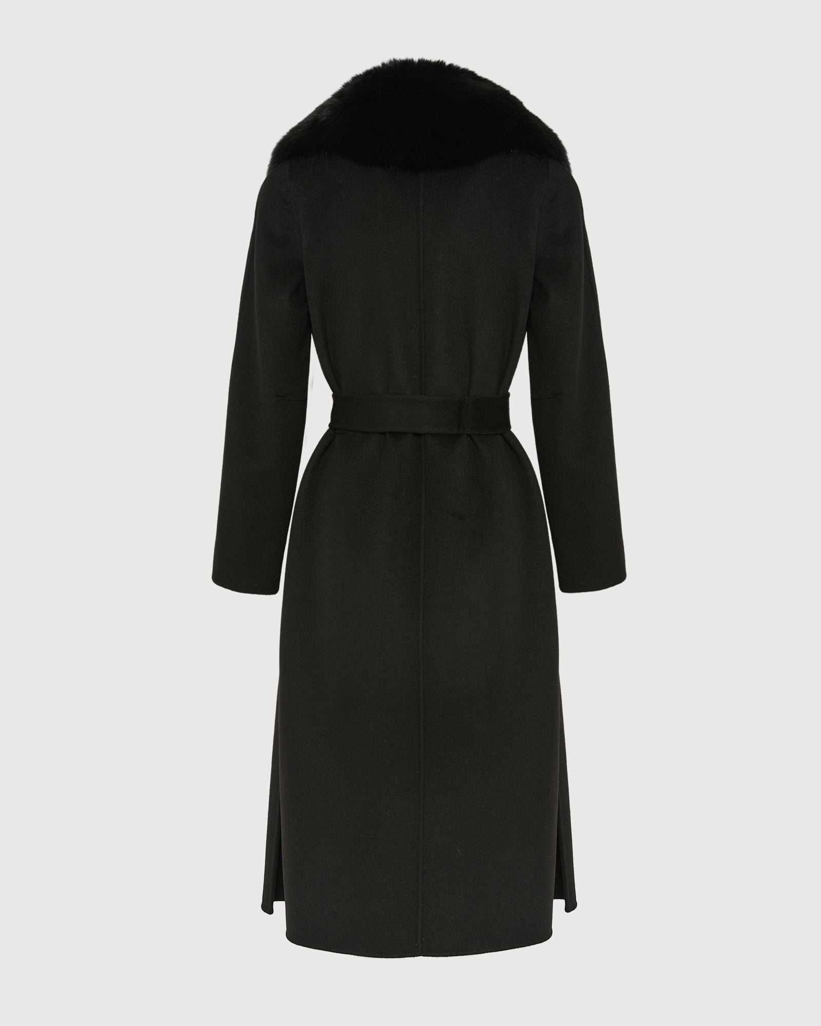 Manteau ceinturé en lainage cachemire avec col en fourrure de renard -Yves Salomon