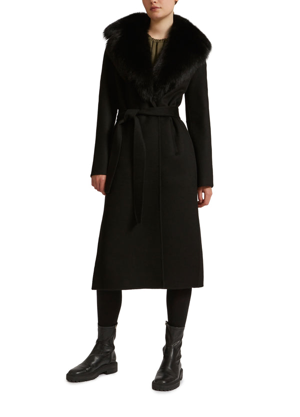 Manteau ceinturé en lainage cachemire avec col en renard