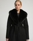 Belted coat in cashmere wool with fox fur collar and lapel