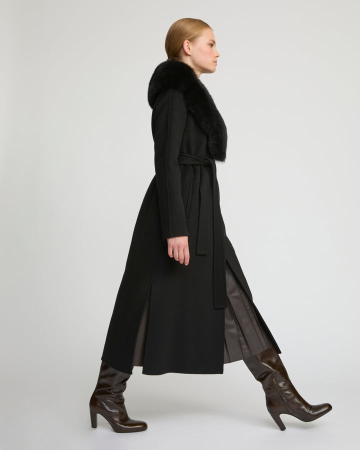 Belted coat in cashmere wool with fox fur collar and lapel