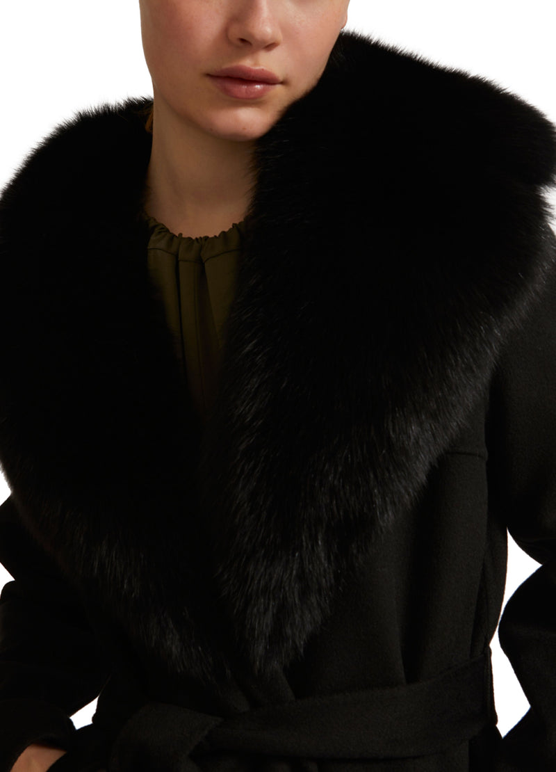 Manteau ceinturé en lainage cachemire avec col en renard
