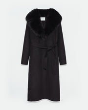 Manteau ceinturé en lainage cachemire avec col en renard