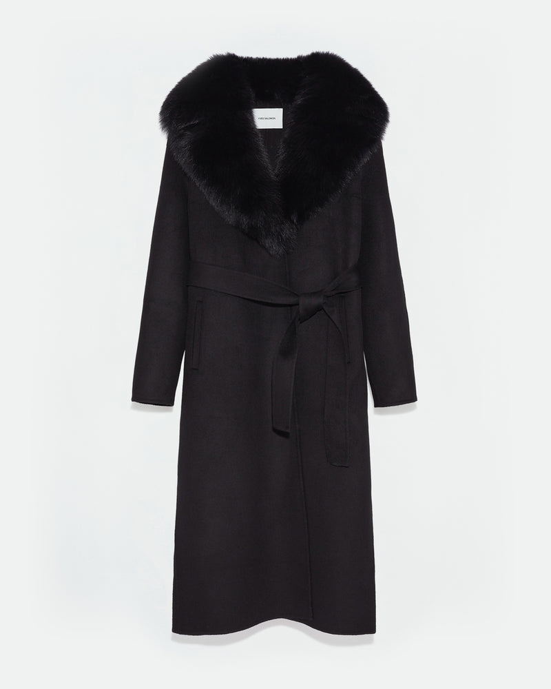 Belted coat in cashmere wool with fox fur collar and lapel