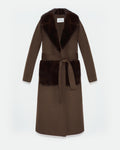 Cappotto con cintura in lana cashmere con collo e tasche in pelliccia di visone