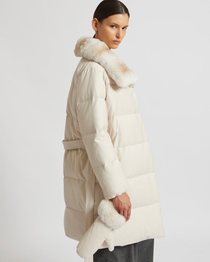 Belted down jacket in waterproof flannel fabric with chinchilla collar