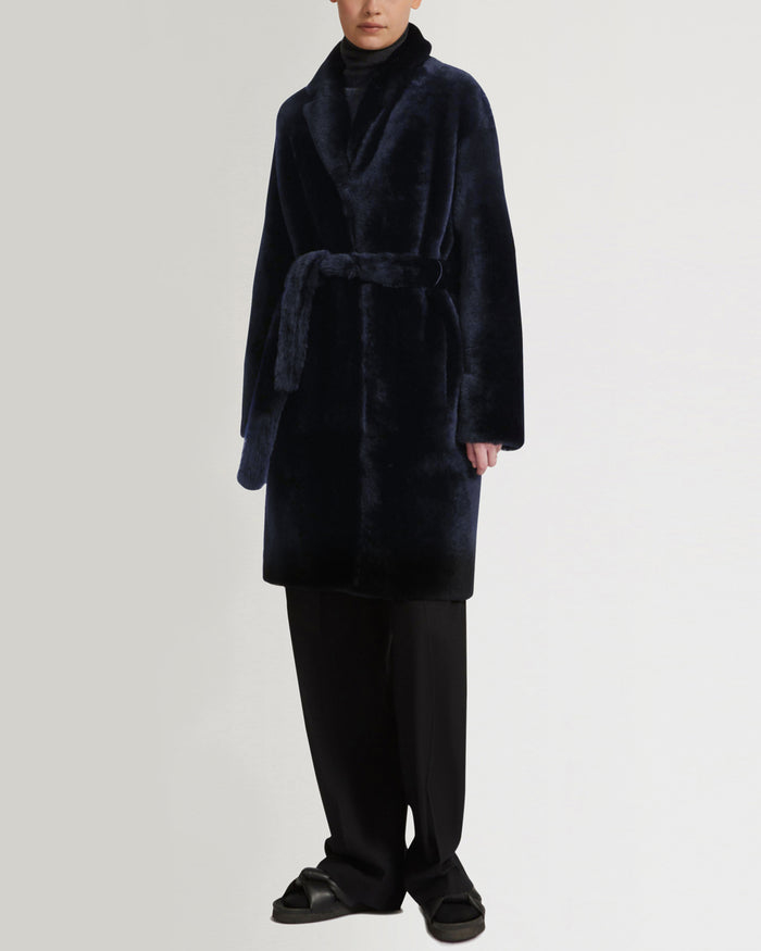 yves salomon Manteau ceinturé en peau lainée