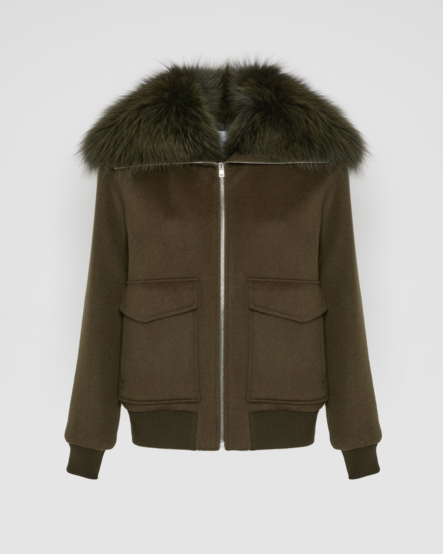 Veste courte en lainage cachemire avec col en fourrure de renard