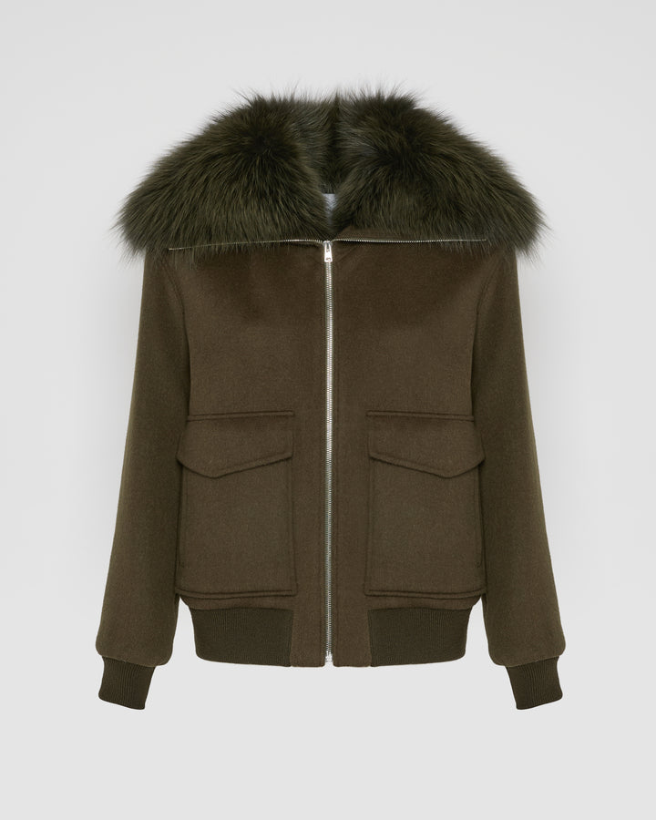 Veste courte en lainage cachemire avec col en fourrure de renard