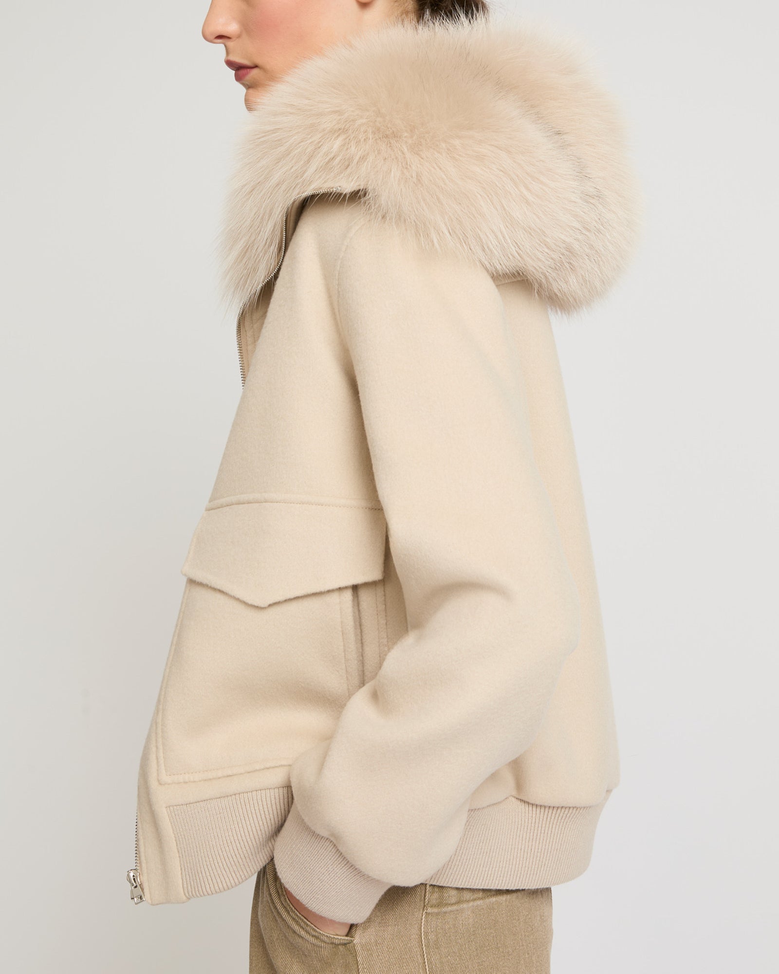 Jacket in cashmere wool with fox fur collar - Beige - Yves