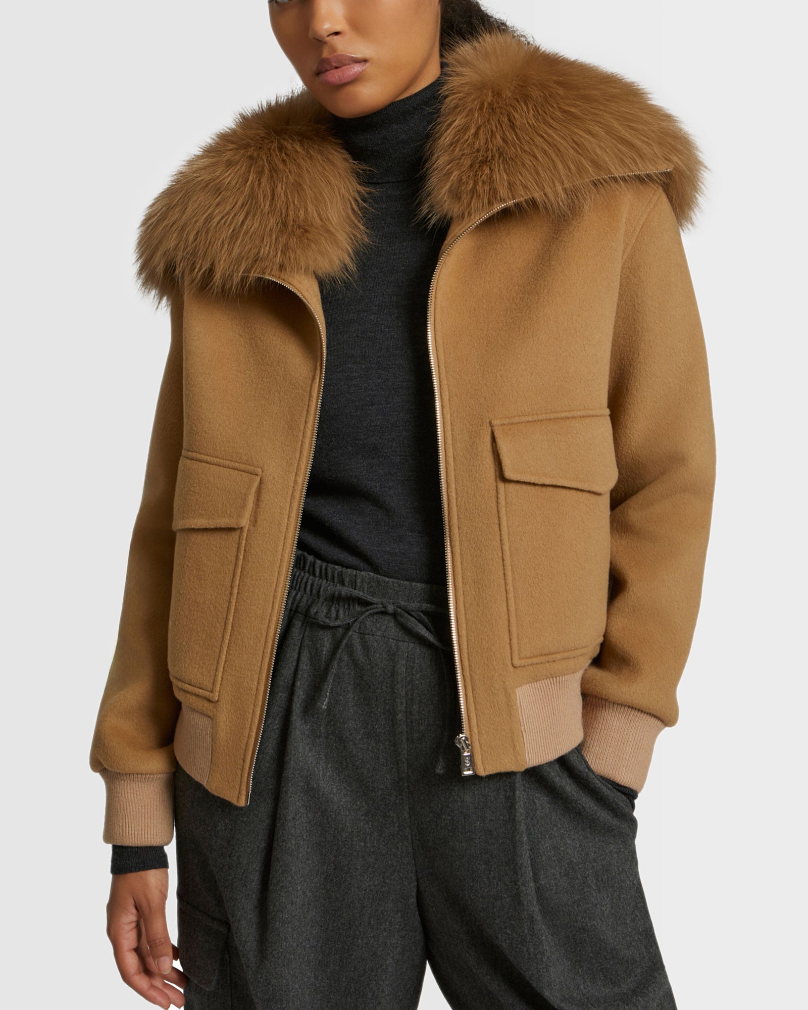 Jacket in cashmere wool with fox fur - Beige - Yves Salomon - Women