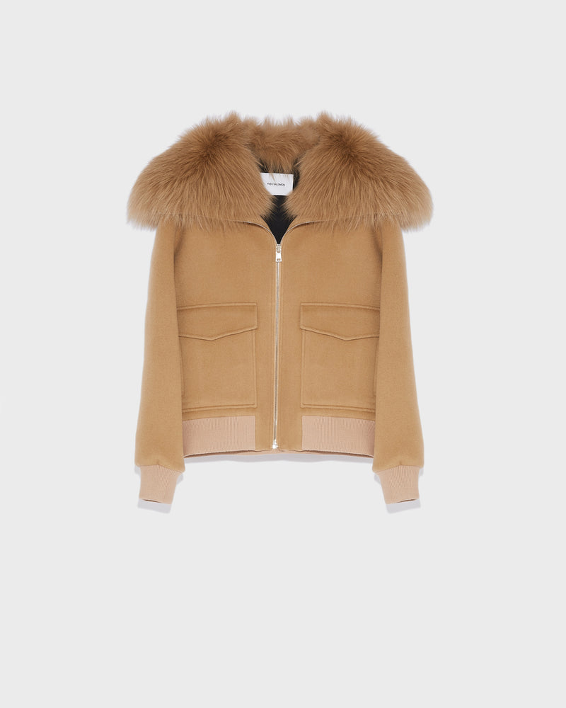 Cropped jacket in cashmere wool with fox fur collar