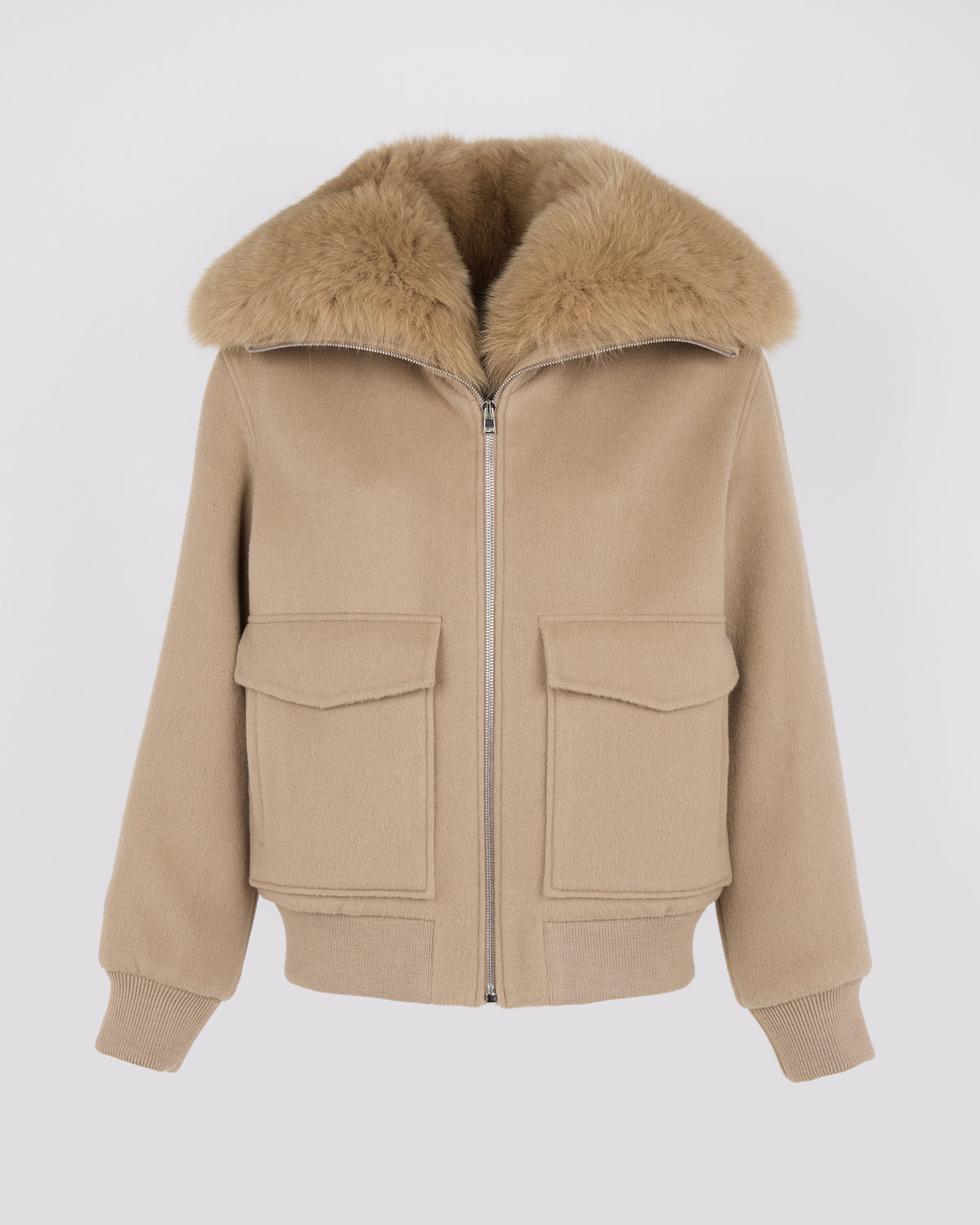 Veste courte en lainage cachemire avec col en fourrure de renard - Yves Salomon - Nouvelle collection Automne Hiver